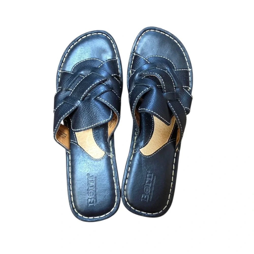 Born Black Leather Woven Wedge Sandals Slides Comfort‎ Shoes Women's Size 8 / 39
